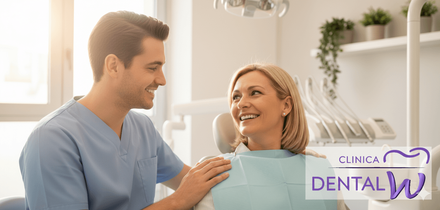 Sonrisa de mujer joven y feliz en clínica dental